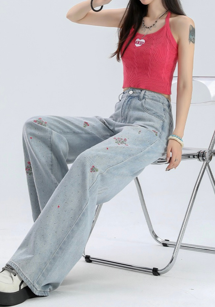 Embroidered wide-leg jeans