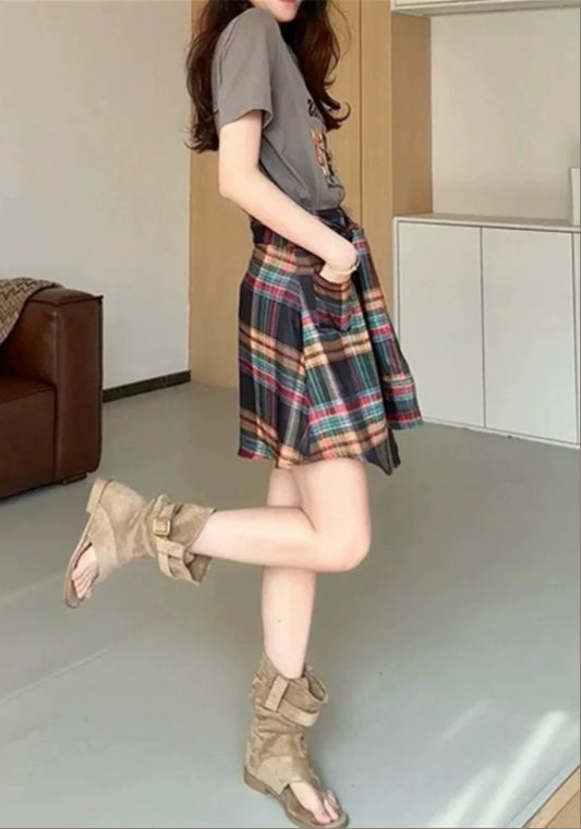 彩色格仔裙褲