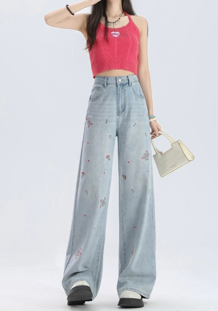 Embroidered wide-leg jeans