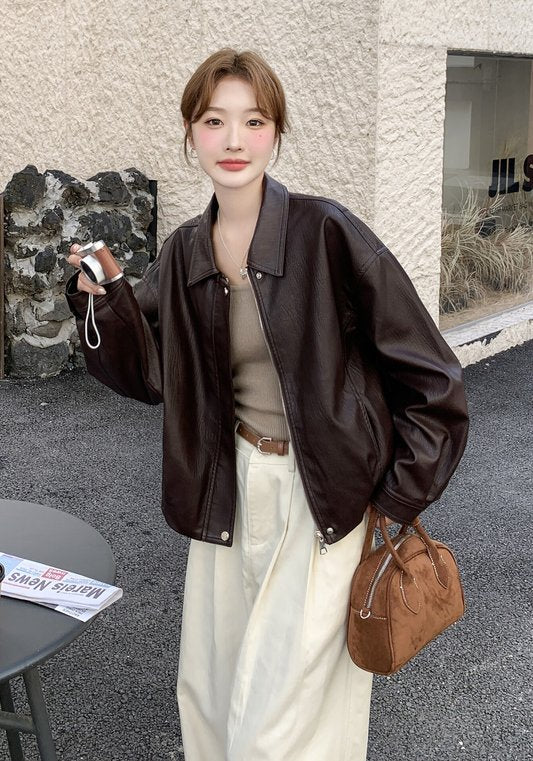 2026春秋新款復古PU皮外套 女裝短版美式寬鬆夾克 小個子專用深咖色翻領皮衣