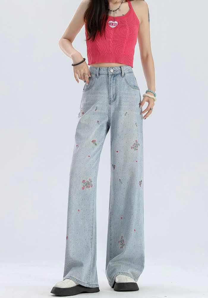 Embroidered wide-leg jeans