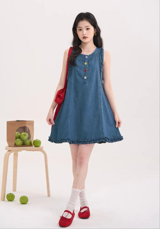 彩色扣牛仔裙
