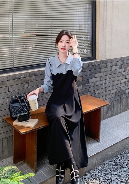 Fake two piece blue shirt dress