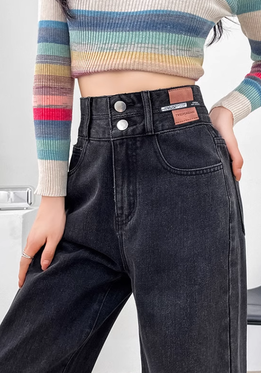 double button high waist jeans