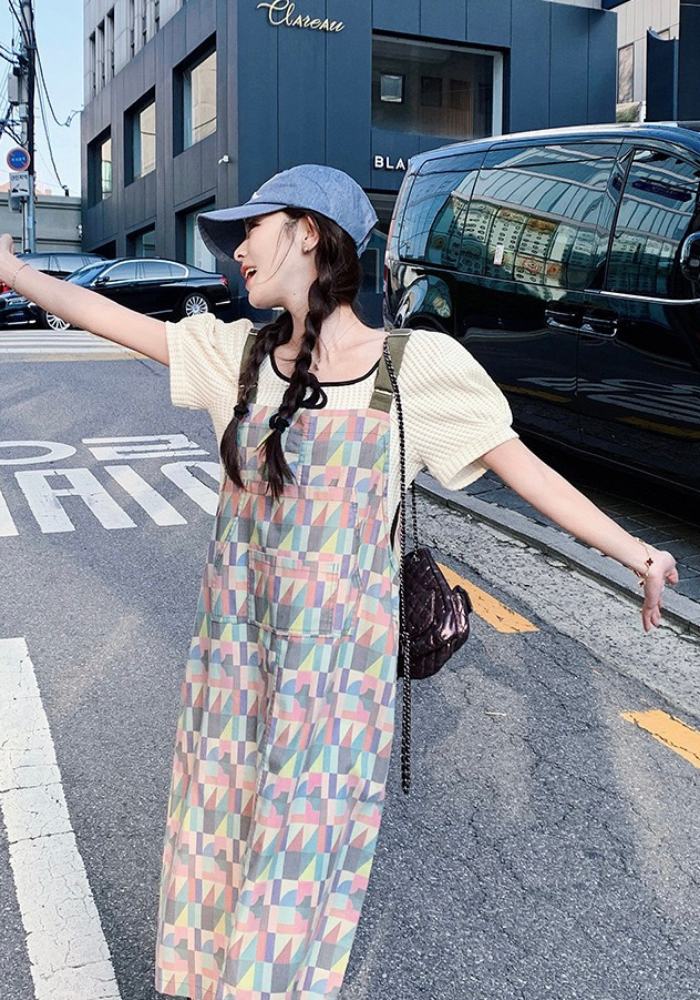 [Retro Rainbow Checkered Suspender Skirt]