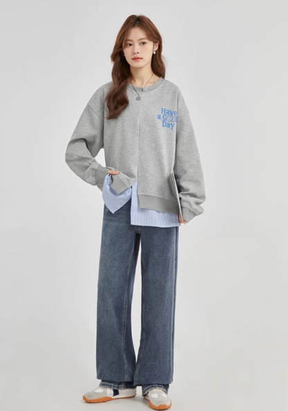 Fake two piece high slit sweatshirt