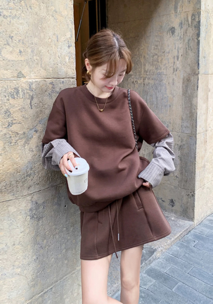 Brown patch sleeve sweatshirt suit