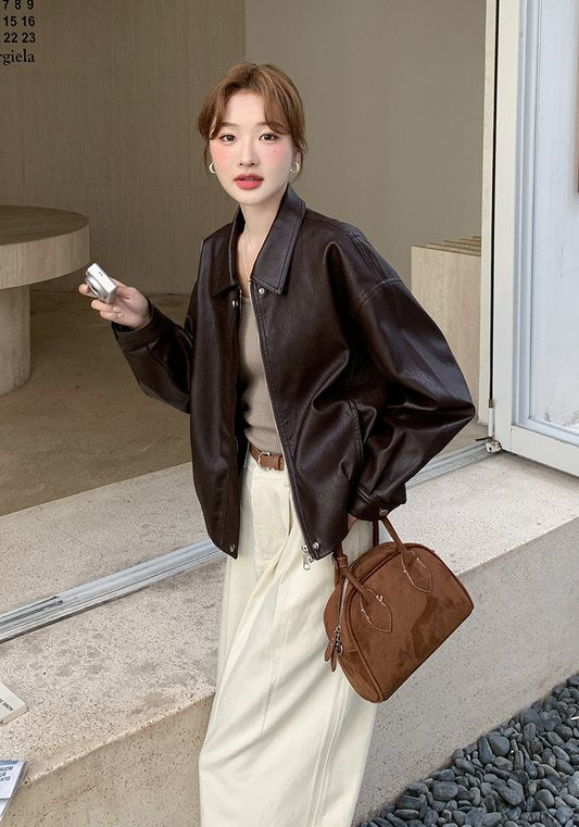 美拉德色系復古輕熟風翻領PU皮外套 女裝2025早秋新款時尚簡約夾克
