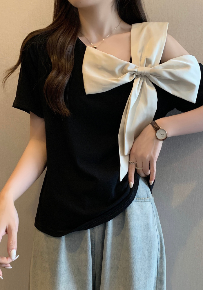 Bow off-shoulder short-sleeved T-shirt