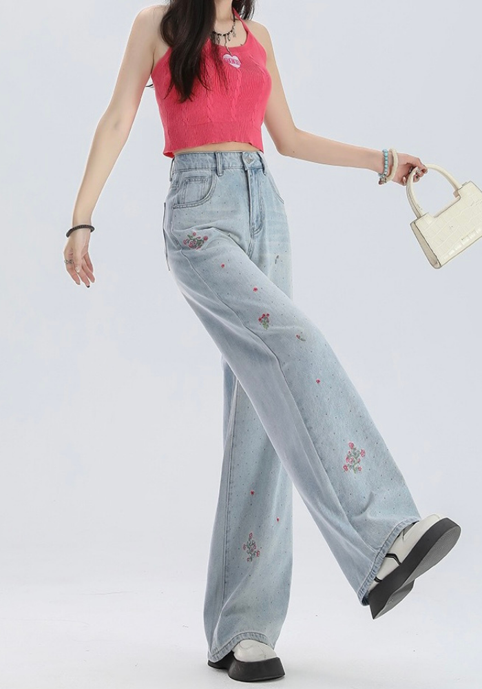 Embroidered wide-leg jeans