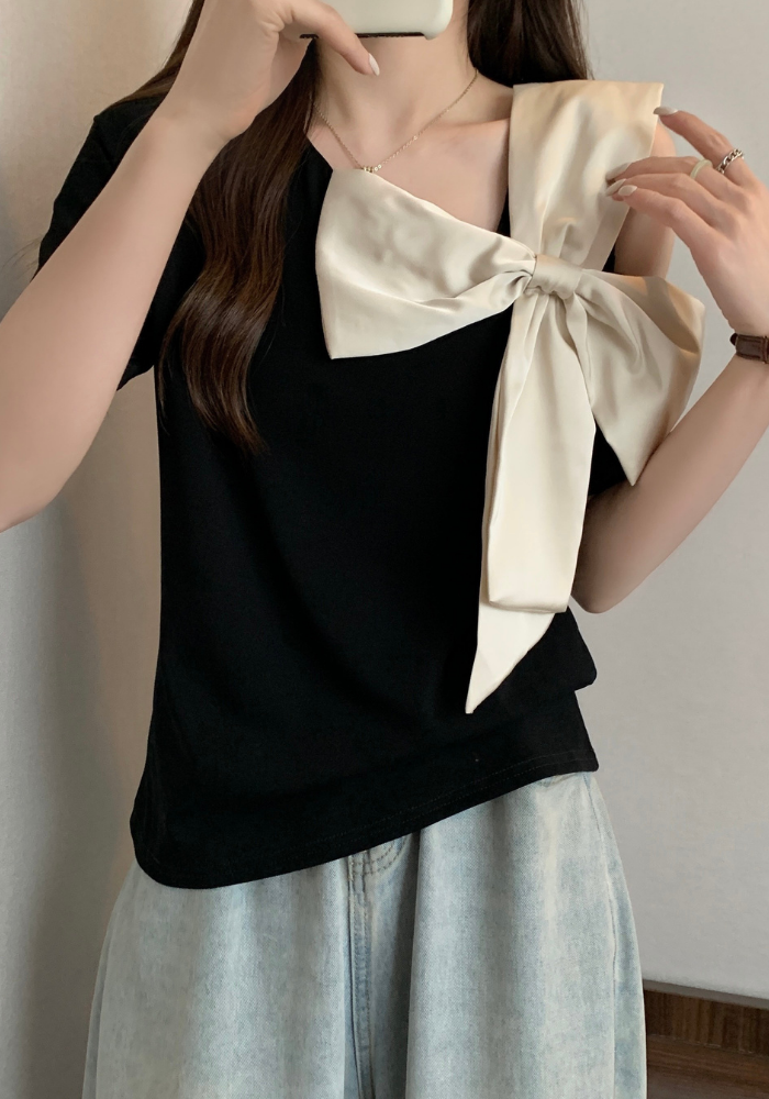 Bow off-shoulder short-sleeved T-shirt