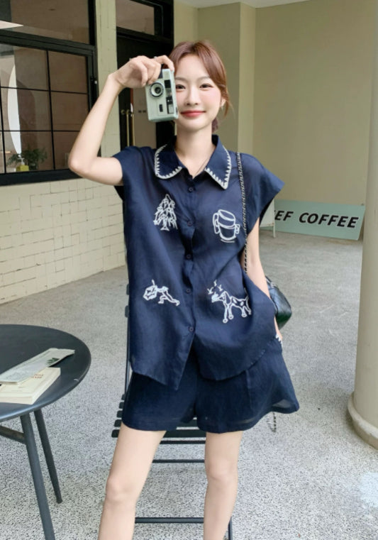深藍刺繡套裝
