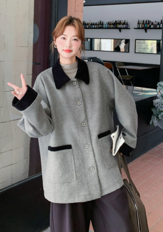 Gray and black color-blocked wool coat