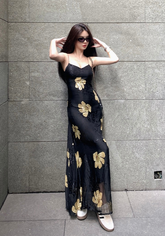 [Golden Flower Print Dress]