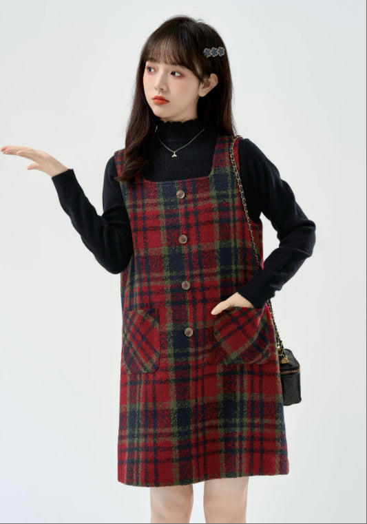 紅格仔毛呢背帶裙