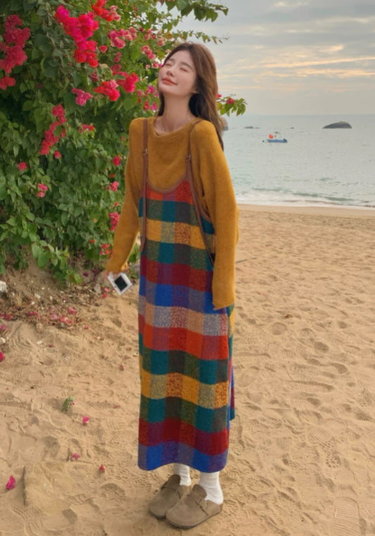 彩條紋背帶裙兩件套