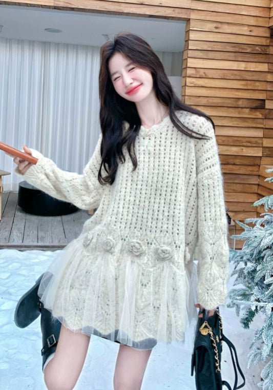 立體花網紗拼接毛衣