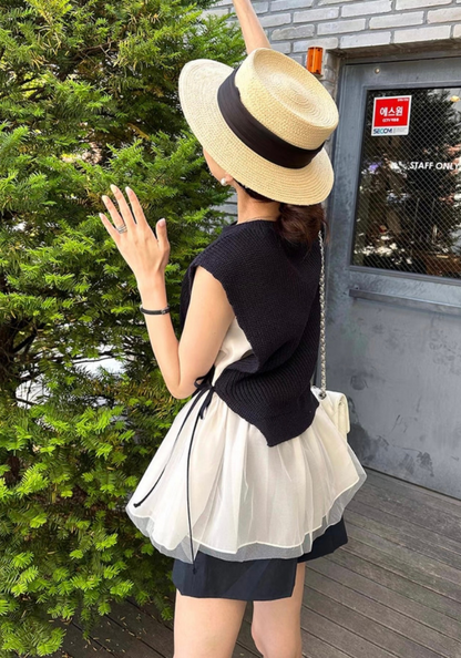 Mesh cake skirt + knitted vest suit