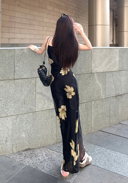 金色花朵印花連身裙