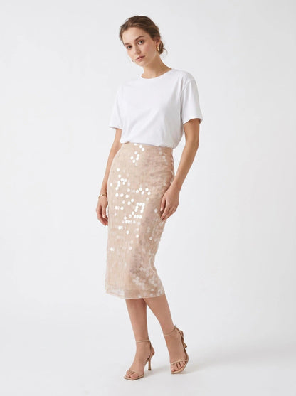 Champagne Sequin Midi Skirt