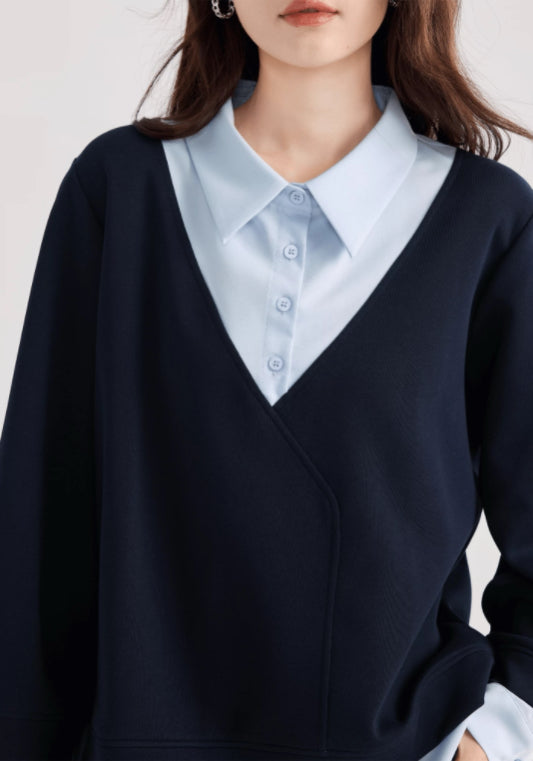 Dark blue faux two-piece top