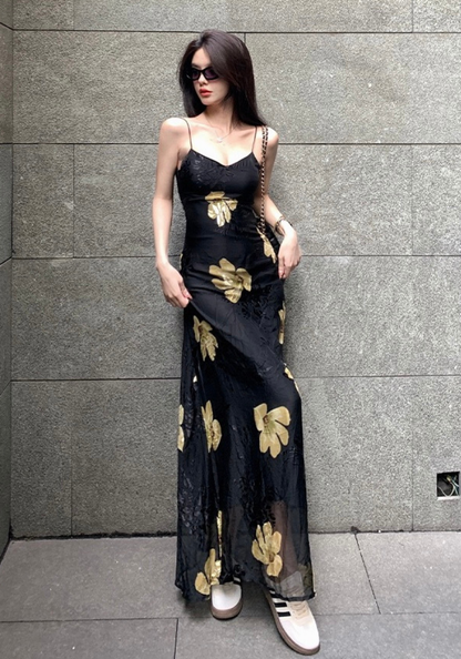 金色花朵印花連身裙