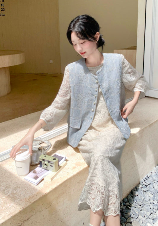 藍白蕾絲裙套裝