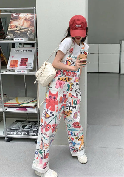 彩色塗鴉背帶褲