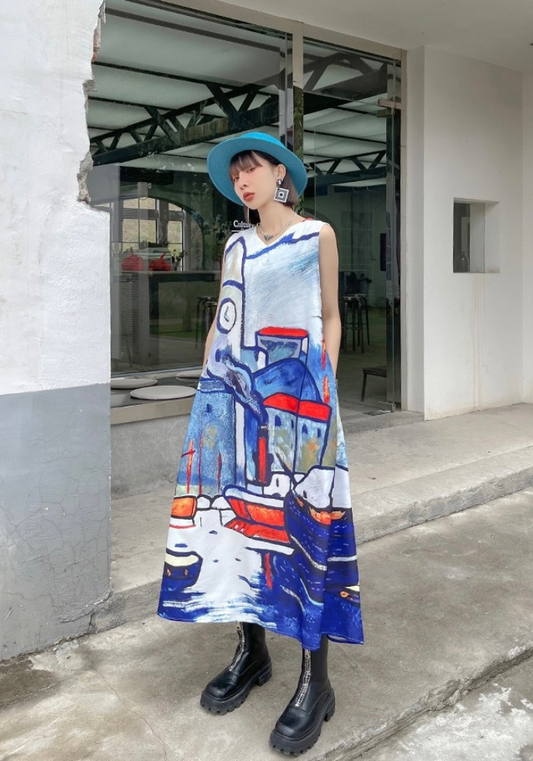 [V-neck oil painting print dress]