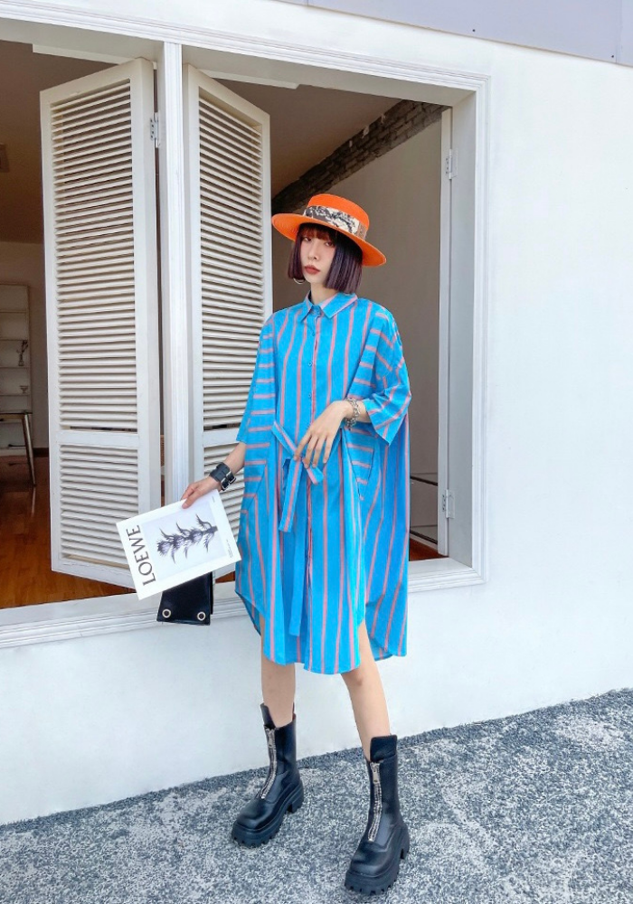 [Retro Hong Kong Style Striped Shirt Skirt]