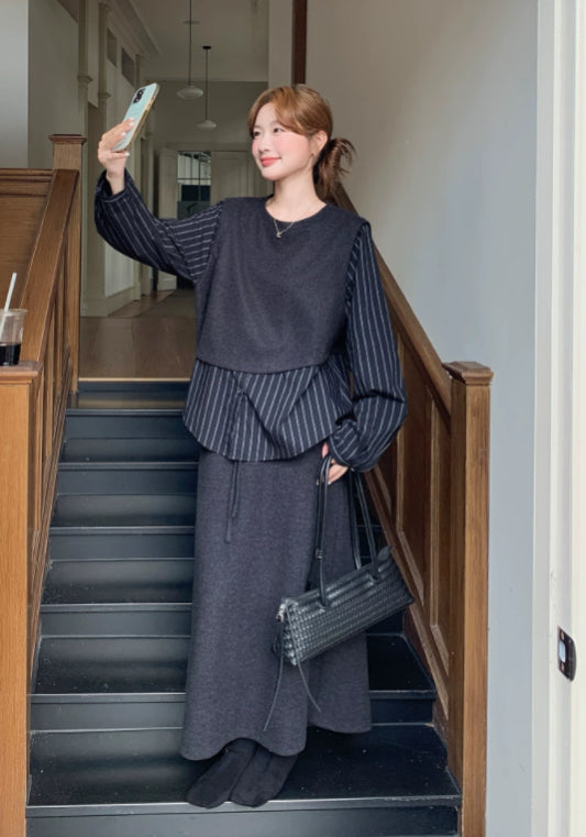 深灰條紋拼接套裝