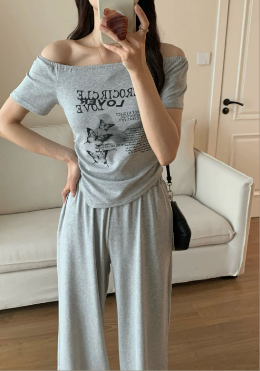 灰色露肩套裝