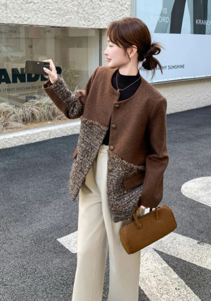 棕色小香風拼接外套