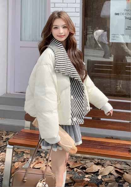 條紋領羽絨服-鵝絨