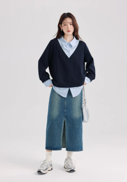 Dark blue faux two-piece top