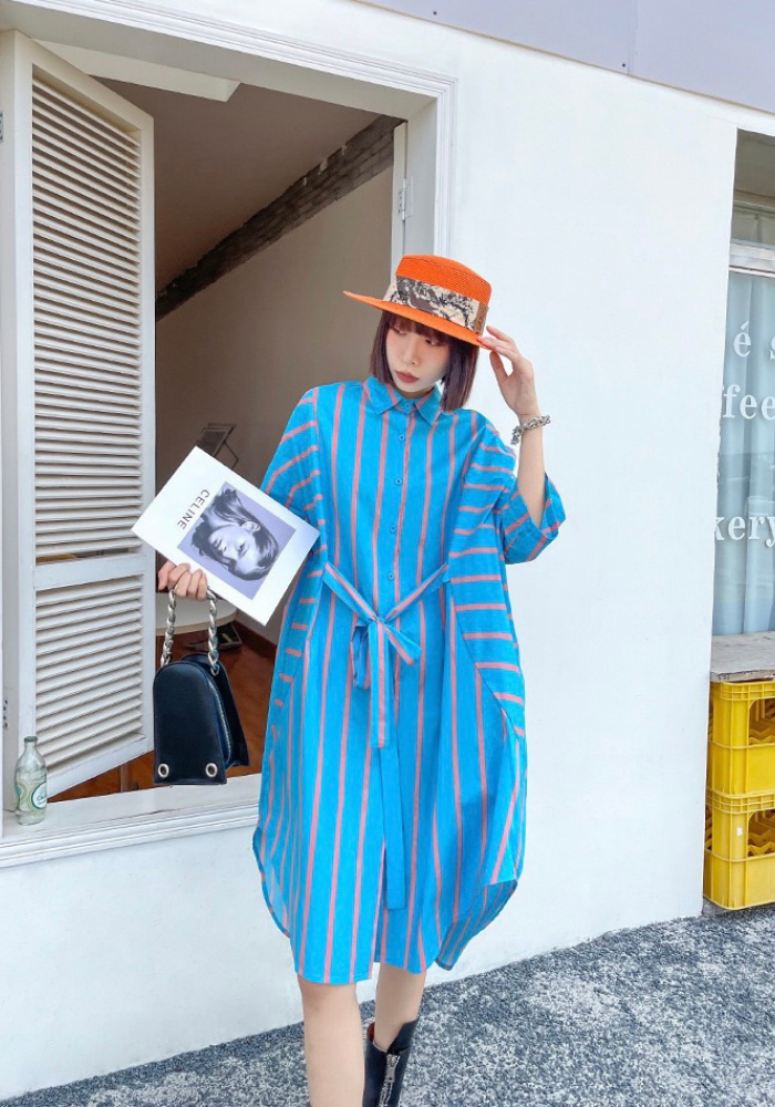 [Retro Hong Kong Style Striped Shirt Skirt]