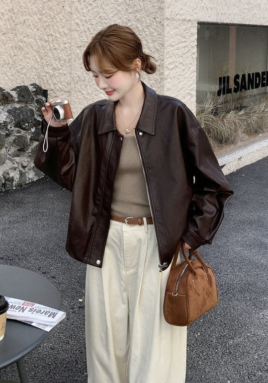 2026春秋新款復古PU皮外套 女裝短版美式寬鬆夾克 小個子專用深咖色翻領皮衣