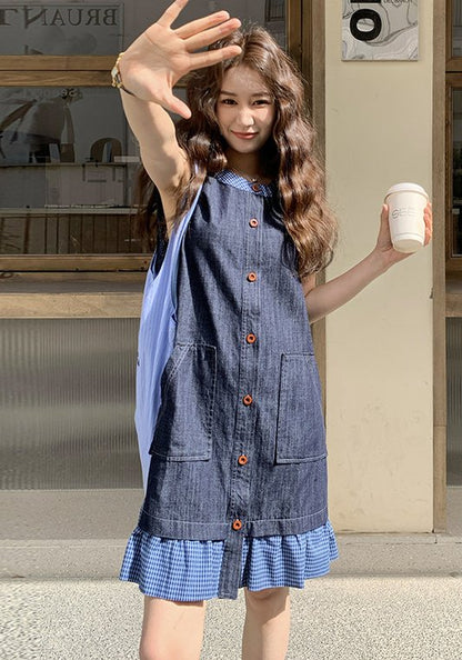 深藍牛仔拼接裙