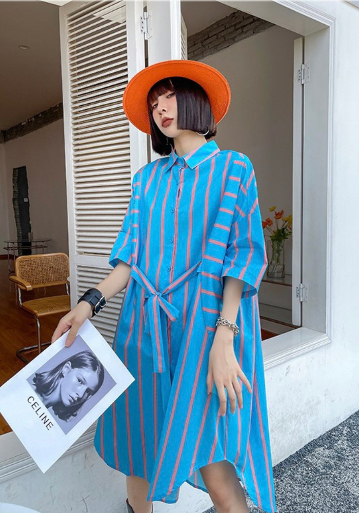 [Retro Hong Kong Style Striped Shirt Skirt]