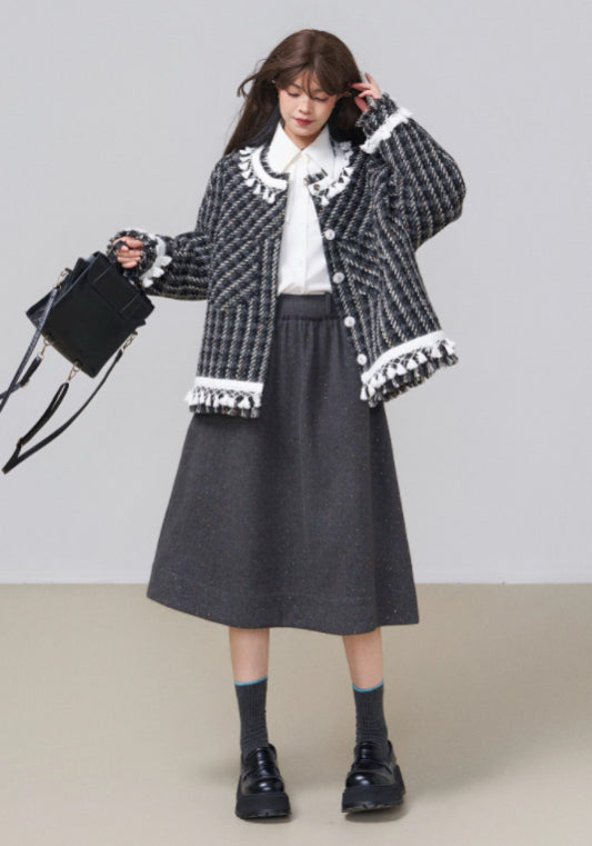 黑白格流蘇外套