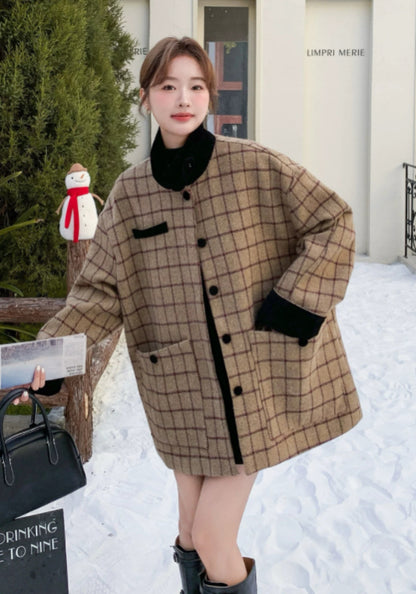 卡其格仔羊毛外套