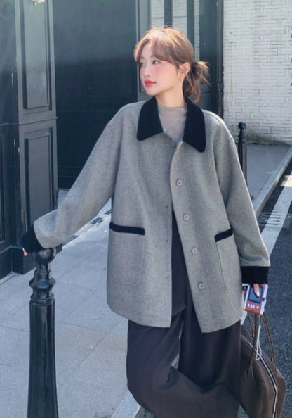 Gray and black color-blocked wool coat