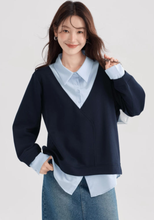 Dark blue faux two-piece top