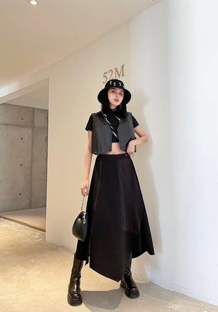 [Dark style zipper slit drape skirt]