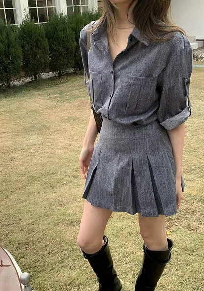Textured shirt + pleated skirt set