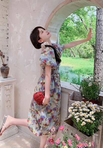 [Retro Oil Painting Floral Dress]