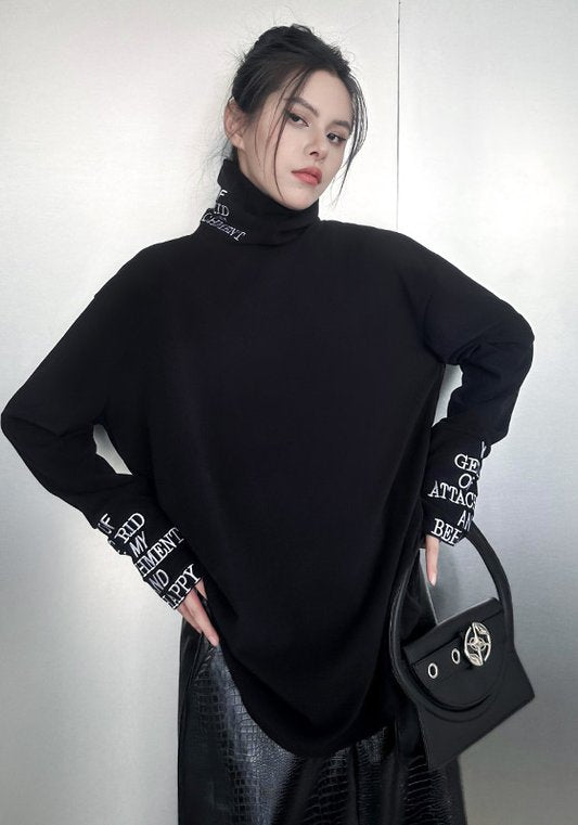 女士高領上衣｜2026春夏新款港風刺繡字母顯瘦T恤・時尚打底衫