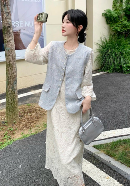 藍白蕾絲裙套裝
