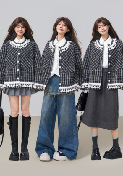 黑白格流蘇外套