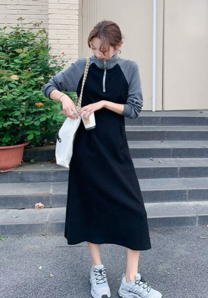 黑灰拼接連身裙